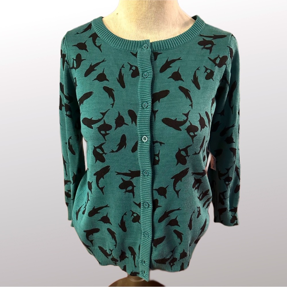 NWT ModCloth Teal Shark Cardigan Sweater L